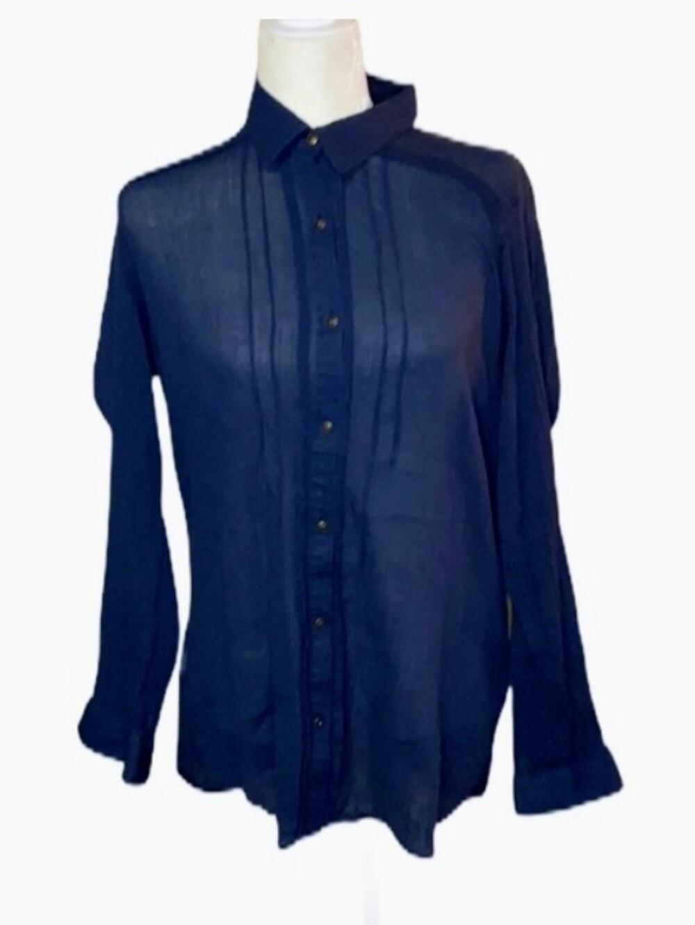 L Sheer Eddie Bauer Navy Collared Long-Sleeve Shirt